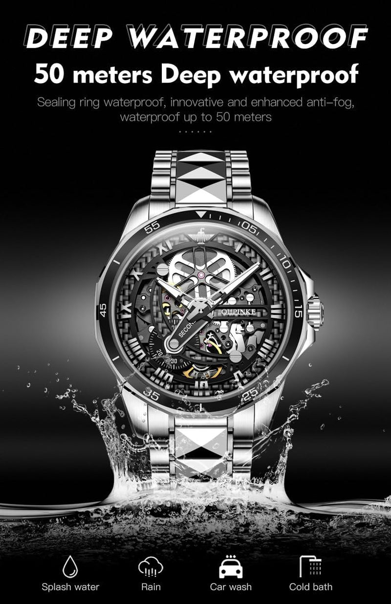 Mens Watches Skeleton Mechanical Black Watches for Men Automatic Luxury Tungsten Steel Sapphire Crystal Waterproof Luminous