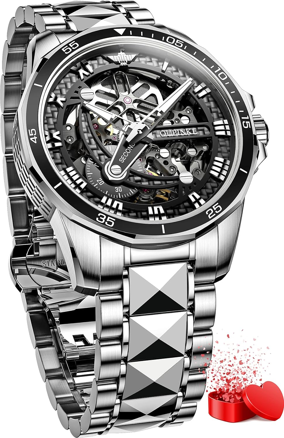 Mens Watches Skeleton Mechanical Black Watches for Men Automatic Luxury Tungsten Steel Sapphire Crystal Waterproof Luminous