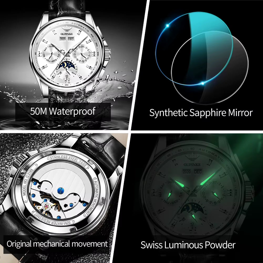3189 Mens Watch Original Luxury Automatic Mechanical Watch Moon Phase Waterproof Luminous Mens Gifts Reloj Hombre