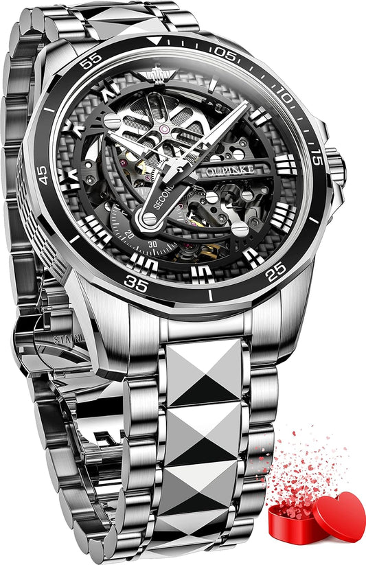 Mens Watches Skeleton Mechanical Black Watches for Men Automatic Luxury Tungsten Steel Sapphire Crystal Waterproof Luminous